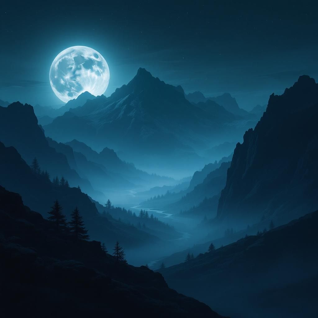 Trance AI Album Cover — Surreal nightscape of a mountain valley enveloped in fog, illuminated subtly by a luminous moon, dark blue and teal colors dominating the palette, high-resolution imagery with realistic depth of field, deeply emotional and atmospheric capture, highly detailed.