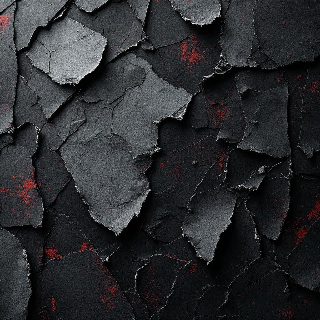 Grunge AI Album Cover — Grunge festival poster wall, peeling layers of paper, chaotic composition, monochrome and dark hues with a hint of red, dim overhead light, professional detail, 8k resolution