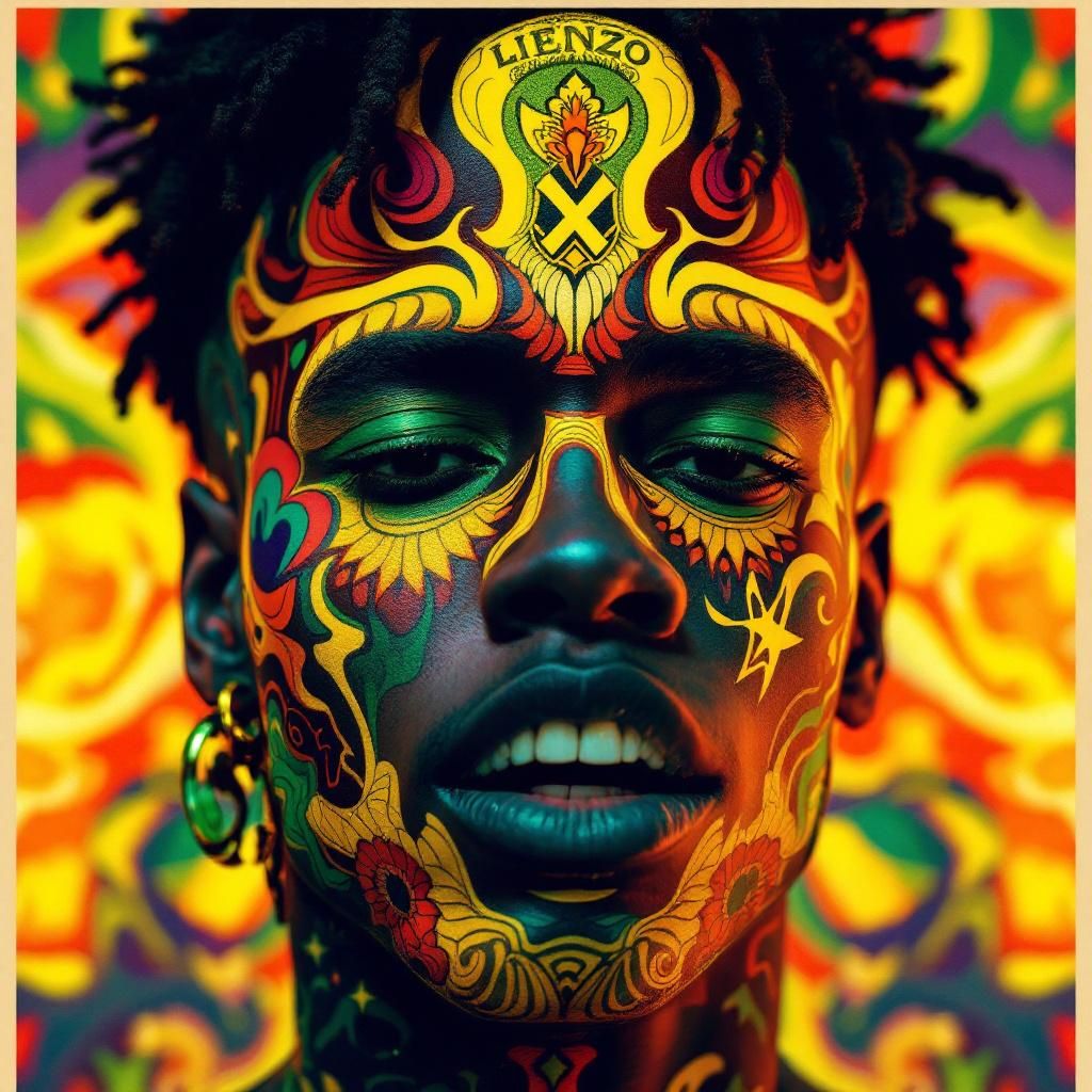 Afrobeat AI Album Cover — A vibrant afrobeat album cover titled 'LIENZO', featuring a close-up of an artist's tattooed skin as a colorful canvas; surreal and psychedelic style, warm hues of orange, yellow, and green; atmospheric lighting creating a sense of intimacy, highly detailed and photorealistic, 8k resolution