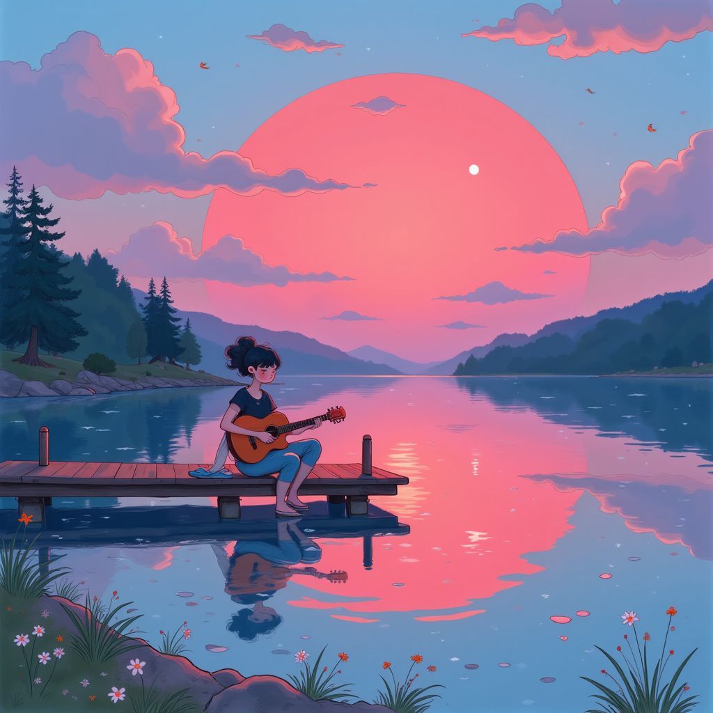 Lo-Fi AI Album Cover — A whimsical lo-fi album cover featuring a serene lake with an ethereal sunset reflecting vibrant hues of pink and orange; a young woman sitting on a dock with a guitar, soft waves creating a peaceful atmosphere, dreamy and relaxing, highly detailed, 8k resolution