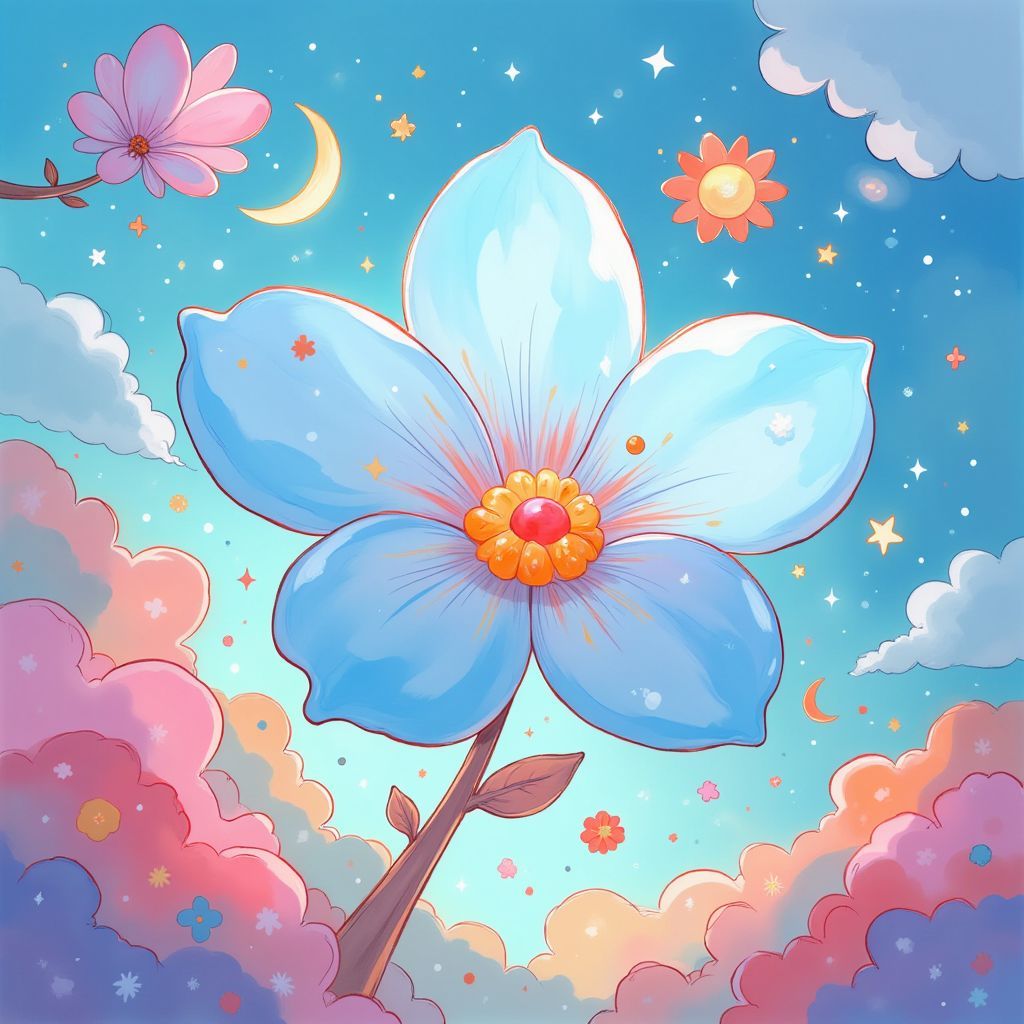 K-Pop AI Album Cover — A whimsical K-Pop album cover featuring a light blue blossom flower with a magical aura, surrounded by colorful abstract patterns and playful shapes; vibrant colors, ethereal lighting, dreamy atmosphere, highly detailed illustration, 8k resolution, perfect for conveying the joy and energy of 'LA BOOM'.