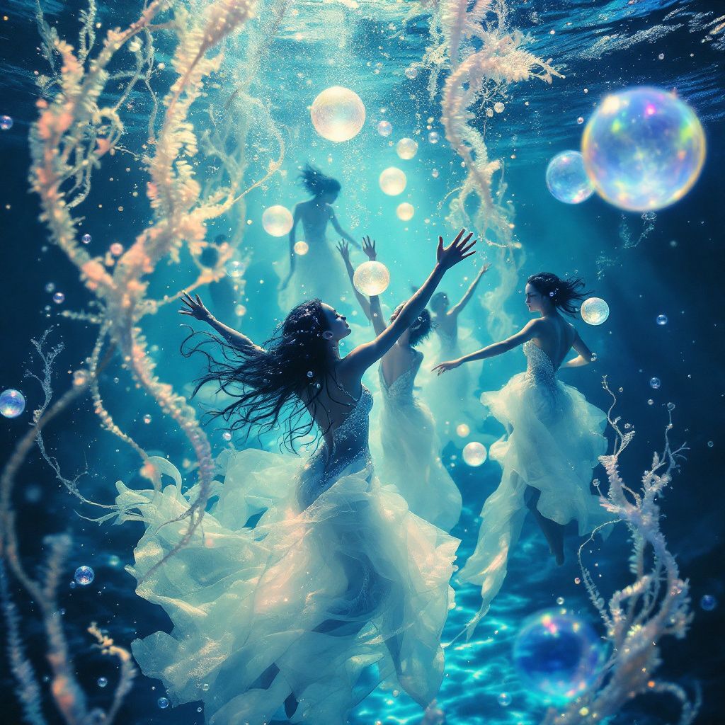 Reggaeton AI Album Cover — A dream-like underwater party scene, ethereal bubbles and dancers, surreal lighting effects, cool blues and shimmering silver, high quality, photorealistic