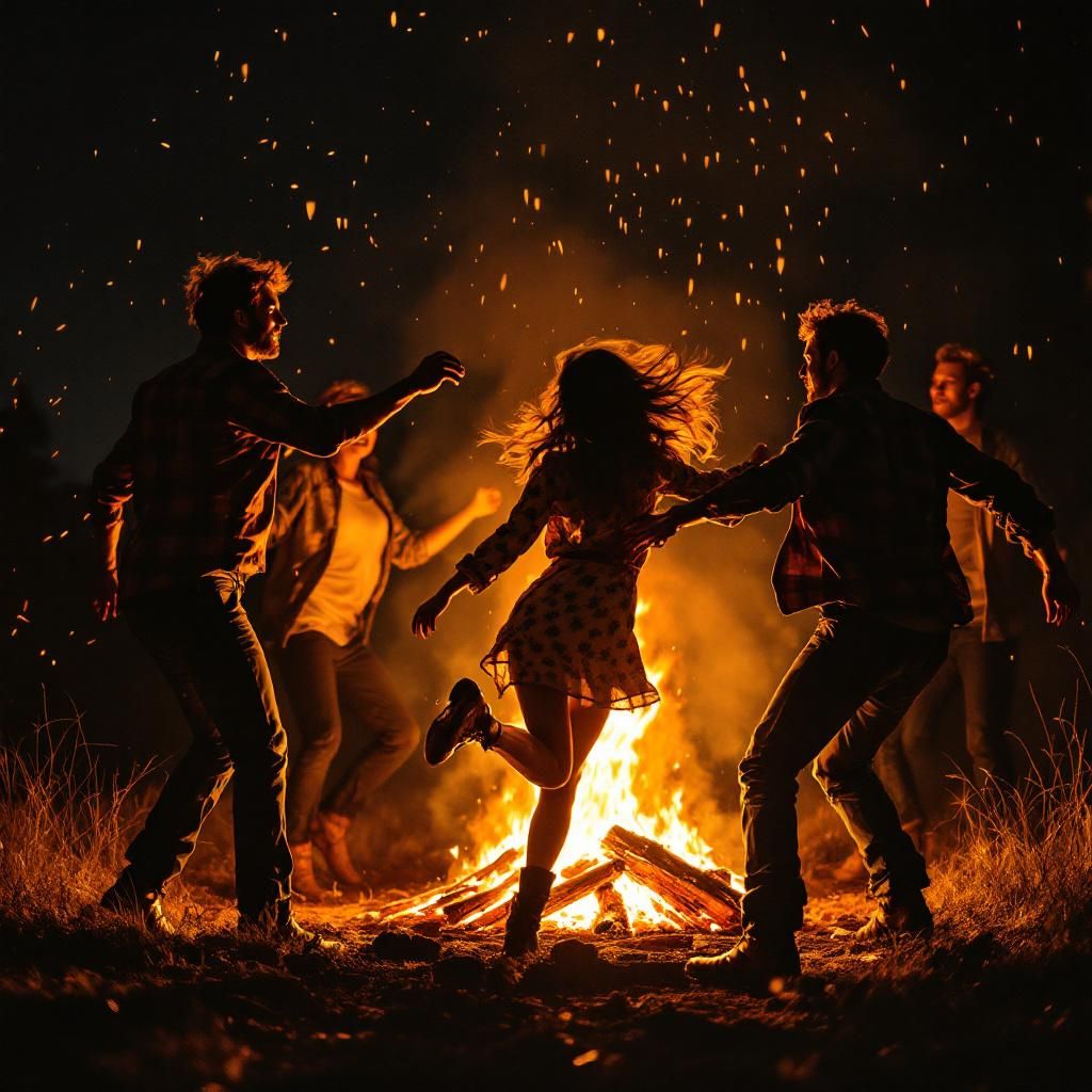 Country AI Album Cover — A vibrant, energetic country album cover showcasing a group of friends dancing around a bonfire with guitar in hand; orange and brown color palette with glowing embers, dynamic poses, cinematic and lively atmosphere, highly detailed, expressing carefree joy and the spirit of small-town life