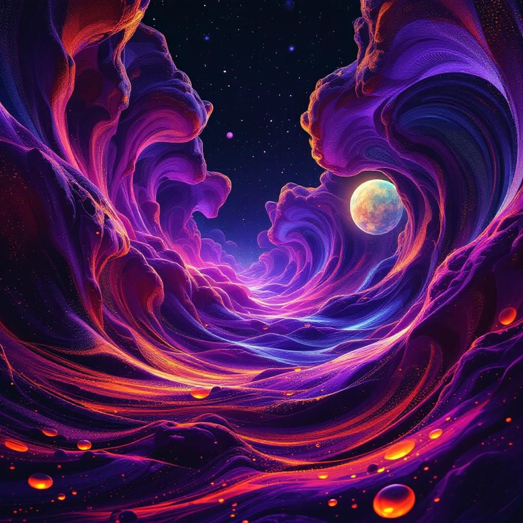 House AI Album Cover — An abstract, psychedelic album cover for 'Dub is also warm', featuring swirling bass waves in vibrant shades of purple and orange, surreal lighting enhancing the underground vibe; intricate patterns and textures evoke an esoteric feel, highly detailed, 8k resolution, dynamic and immersive atmosphere.