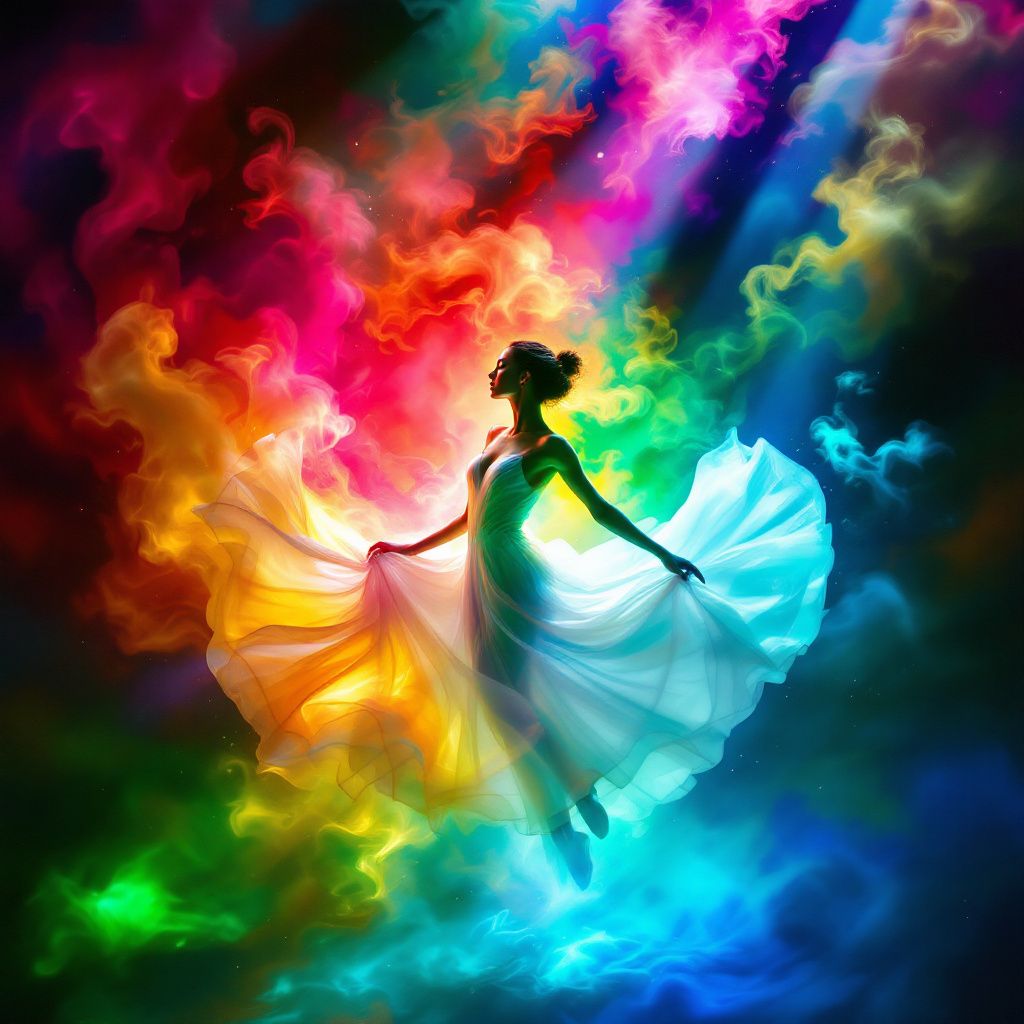 Soul AI Album Cover — Silhouette of dancer in flowy dress, against abstract vibrant colors, surreal lighting, dreamy and dynamic, soft focus in 8k, ethereal presence, professional design
