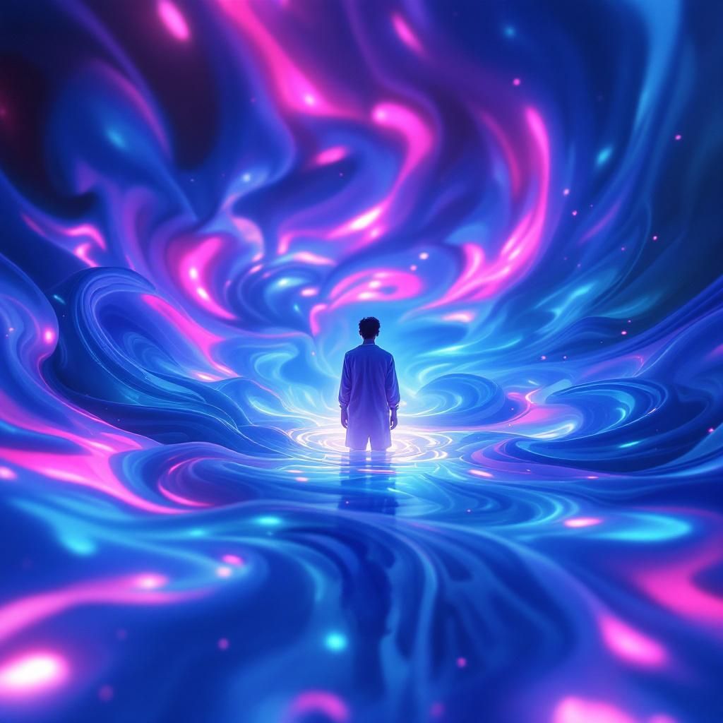 Pop AI Album Cover — A surreal pop album cover depicting a person in a maze made of swirling colors, vibrant blues and pinks; soft glow surrounding the figure, dreamlike atmosphere, highly detailed illustration, focusing on emotional isolation and longing, cinematic lighting, 8k resolution