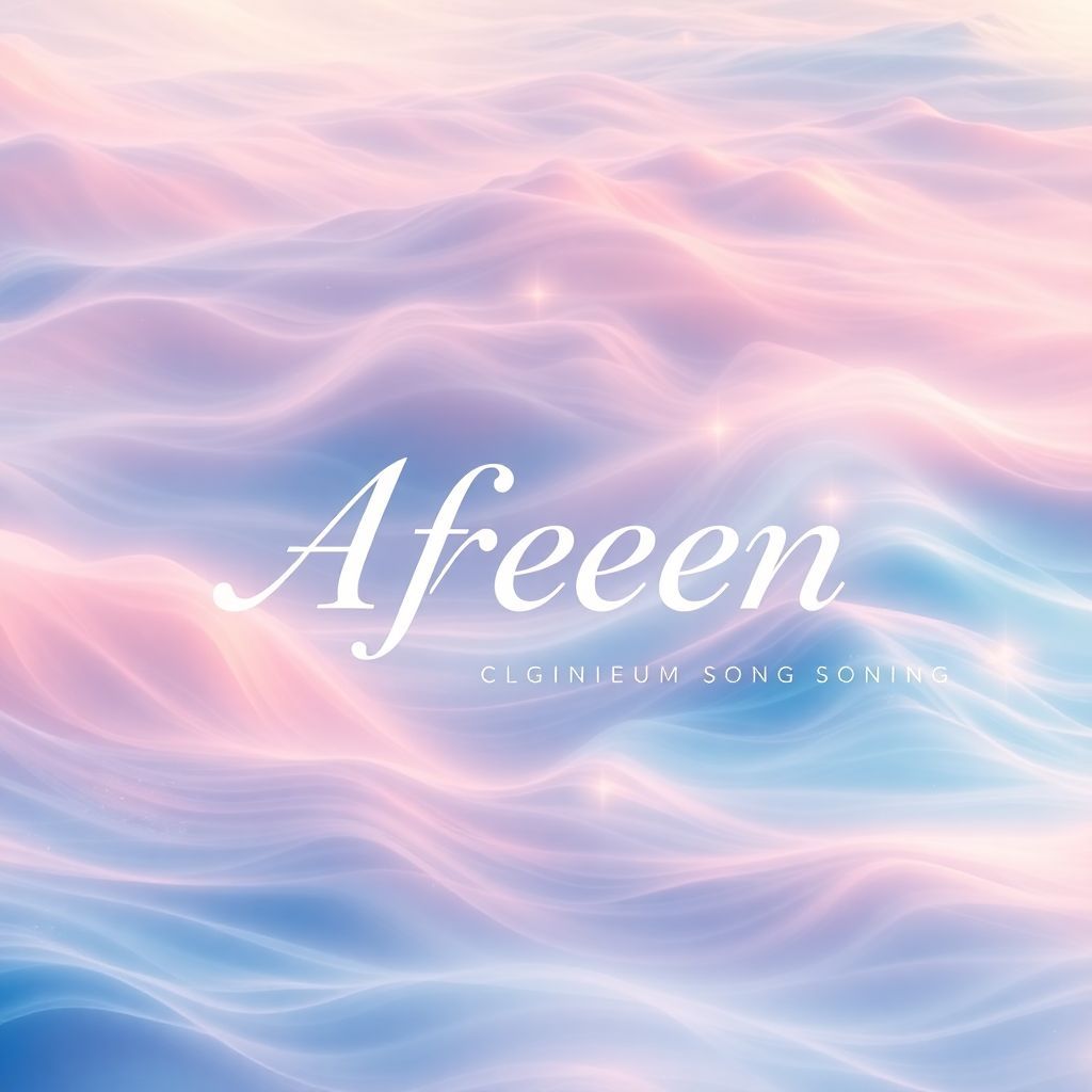 Pop AI Album Cover — A dreamy and vibrant album cover for the song "Afreen" featuring ethereal landscapes with gentle waves and flowing colors; clear integration of the title in elegant typography, soft lighting with a nostalgic ambiance, a palette of pastel pinks, blues, and whites, highly detailed, 8k resolution, capturing the song's emotional essence
