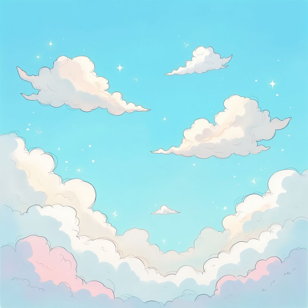 Soundtrack AI Album Cover — A dreamy illustration of sketched clouds in a serene blue sky, with whimsical mirrors reflecting the clouds; ethereal lighting, soft gradients, and pastel colors creating a surreal atmosphere; 8k resolution, highly detailed, evokes feelings of tranquility and wonder.