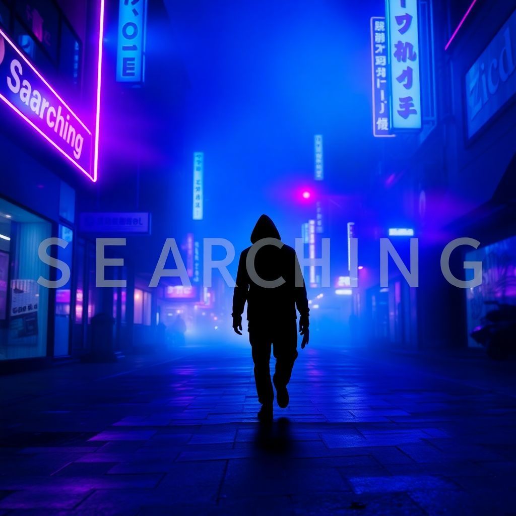 EDM AI Album Cover — An ethereal EDM album cover titled "Searching", featuring a shadowy figure wandering through a neon-lit city at night, surrounded by vibrant light trails; surreal atmosphere, moody lighting, deep blues and purples dominate the color palette, highly detailed, 8k resolution