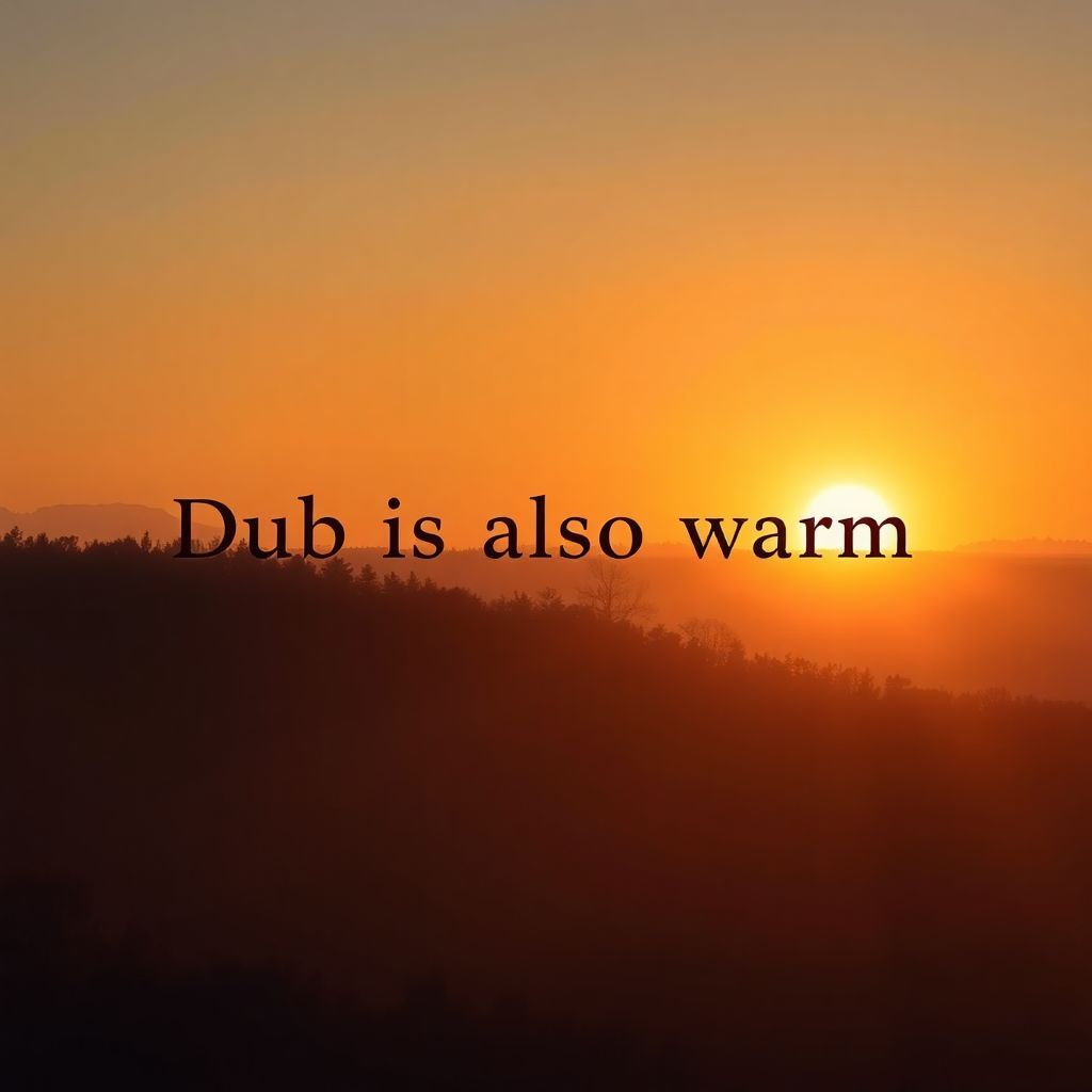 House AI Album Cover — An abstract and moody album cover showcasing a warm, glowing sunset with the title "Dub is also warm" elegantly integrated into the horizon; soft diffusion of light creating a dreamy atmosphere, with earthy tones and lush forest silhouettes; high quality, photorealistic, immersive feel