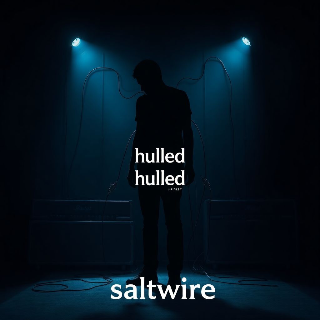 Indie AI Album Cover — An abstract silhouette of a person in pain, with flowing cables connecting to several guitar amplifiers, set against a deep black background; cinematic lighting enhances shadows, the title 'hulled' and 'Saltwire' integrated stylishly into the design, surreal and moody atmosphere, 8k resolution, highly detailed visuals.