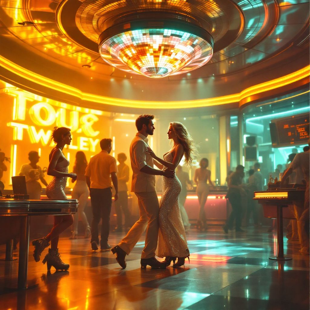 Disco AI Album Cover — vintage roller disco with couples swirling, cinematic style, wide-angle shot, warm golden tones, lively movement, high quality, nostalgic atmosphere, vibrant expression, 8k precision