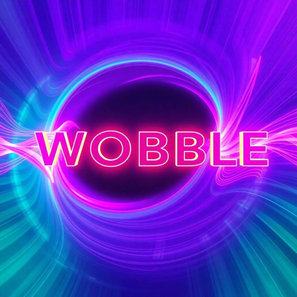 Dubstep AI Album Cover — A surreal dubstep album cover featuring an abstract representation of sound waves, with vibrant colors of purple and green swirling around the text 'WOBBLE'; dynamic motion and energy illustrated through elongated forms, highly detailed with a photorealistic style, ethereal lighting effects, 8k resolution, electronic theme
