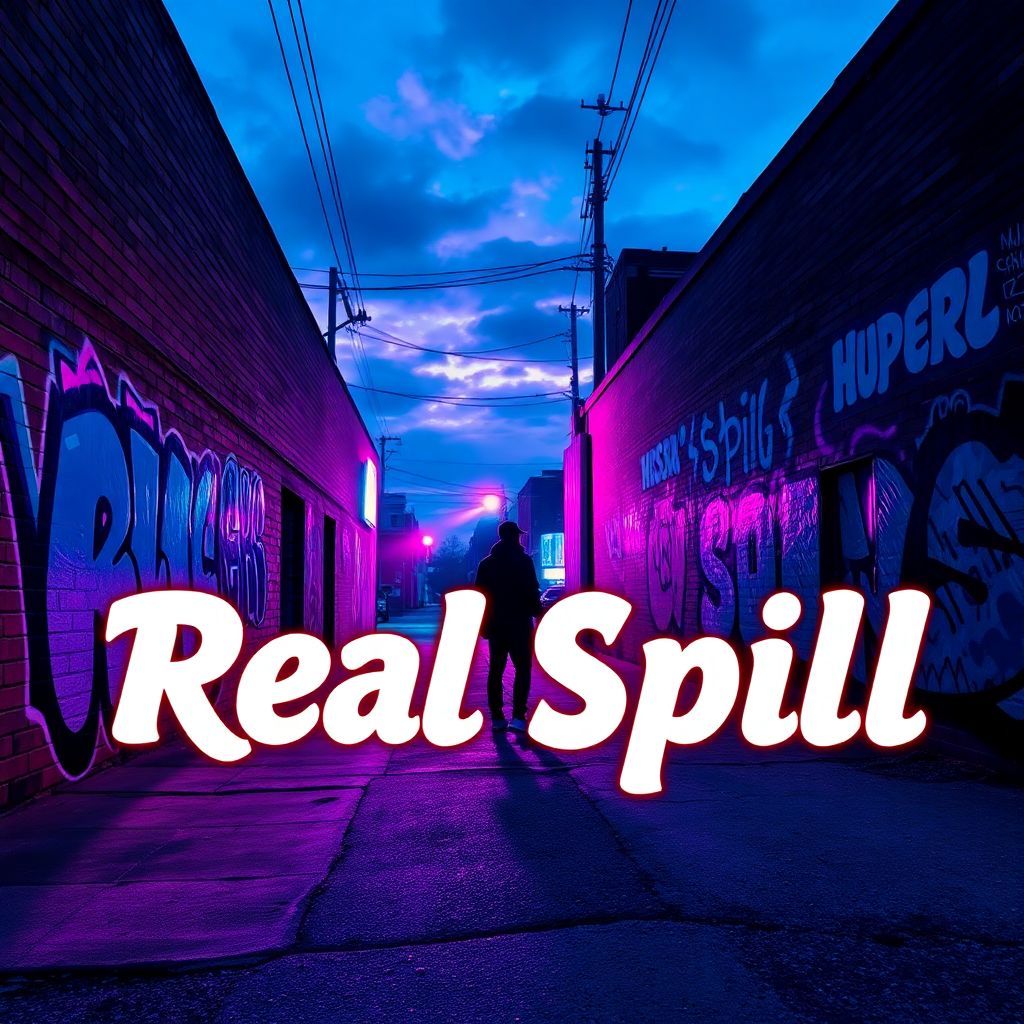 Hip-Hop AI Album Cover — A vibrant and moody hip-hop album cover with an urban street scene at dusk; featuring bold graffiti and a lone figure standing against a brick wall, integrated text 'Real Spill' in striking font; deep blues and purples with neon highlights, highly detailed, cinematic lighting, 8k resolution