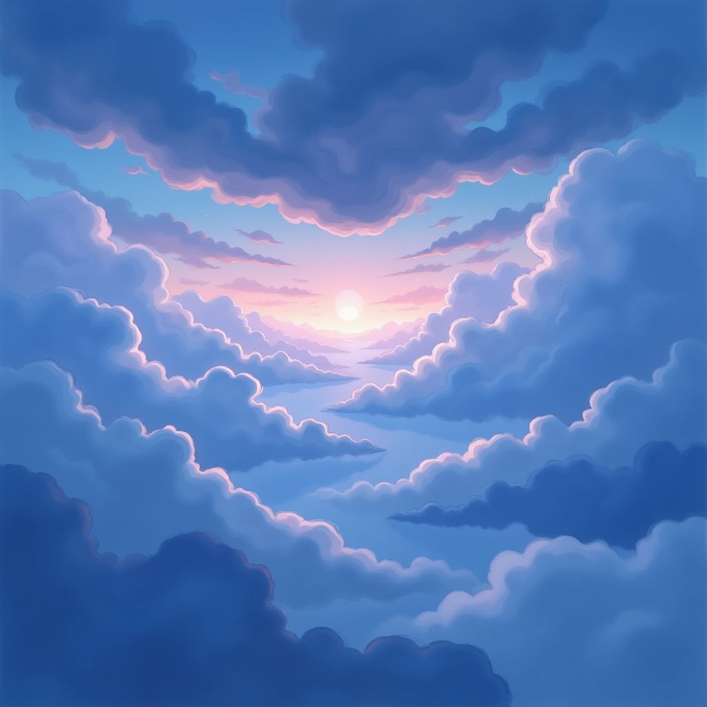 Alternative AI Album Cover — A vast, dreamy sky filled with soft layered clouds, delicate blue-tinted smoke rising and dissolving, ethereal and dark atmosphere, luminous diffused lighting, cool blue and muted violet shadows, lightweight and expansive feel, hyper-detailed with volumetric lighting, 8k resolution