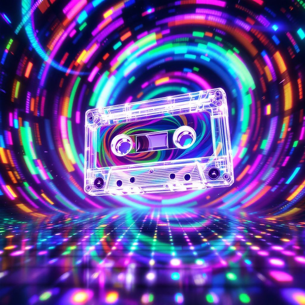 Synth-Pop AI Album Cover — A retro cassette tape floating in a vibrant digital grid, psychedelic style, colorful light patterns, surreal mood, in rainbow hues, professional quality, 8k
