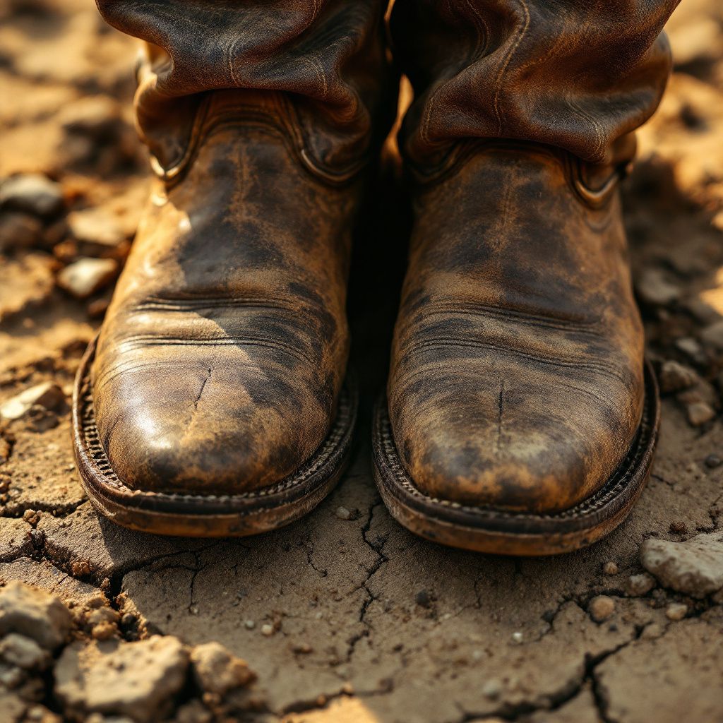 Americana AI Album Cover — A close-up of vintage cowboy boots on dusty ground, Americana style, sunlit with soft shadows, rustic brown and gold hues, highly detailed, 8k, photorealistic.
