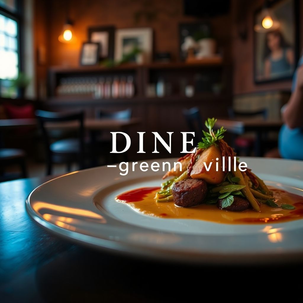 Folk AI Album Cover — A close-up of a beautifully plated dish symbolizing local cuisine against a backdrop of a cozy cafe; the title "DINE-greenville" merges seamlessly with the artistic food arrangement, moody and ethereal lighting, rich earth tones and textures, capturing culinary artistry and comfort