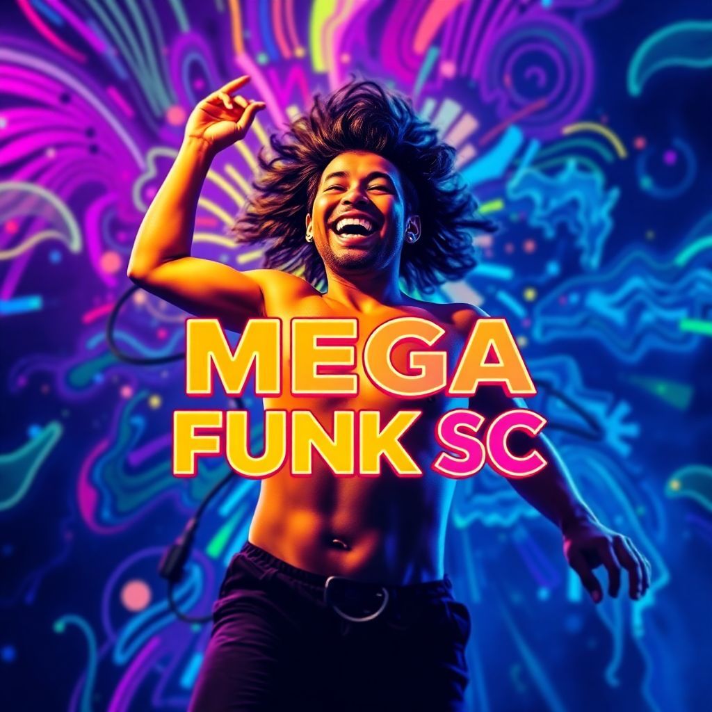 Funk AI Album Cover — A vibrant and colorful album cover featuring a dynamic close-up of a joyful dancer surrounded by abstract patterns, with the title "MEGA FUNK SC" integrated in funky typography; bright neon colors, energetic atmosphere, psychedelic visual style, high quality, 8k resolution, lively and engaging mood