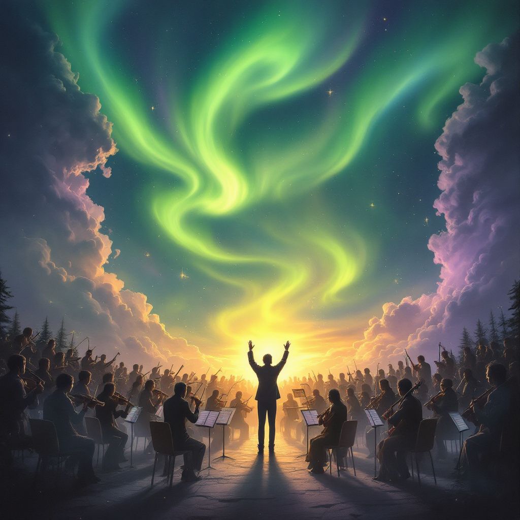 Classical AI Album Cover — a majestic symphony with aurora borealis in the sky, surreal and ethereal style, with the aurora's green and purple dominating the color scheme, highly detailed, professional and high quality