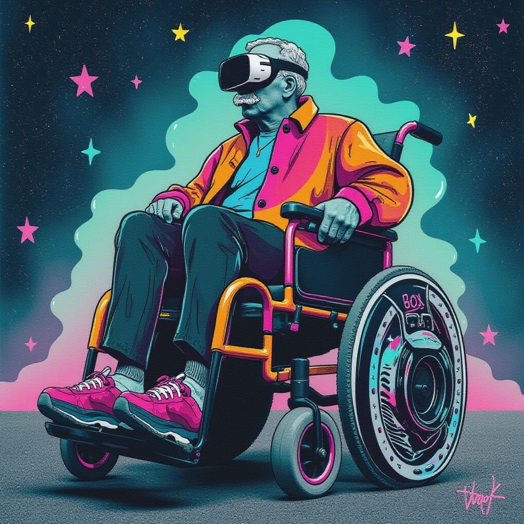 Indie AI Album Cover — A surreal album cover featuring an elderly man in a wheelchair with a white mustache, wearing a VR headset and gripping a steering wheel; minimalist background with vast negative space, subdued color palette with vibrant accents, ethereal lighting, dreamlike atmosphere, half photo half illustrated elements, 8k resolution, artistic hand-drawn style