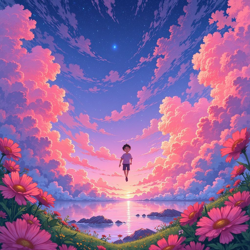 Pop AI Album Cover — A whimsical illustration of a young boy floating in a vibrant, surreal landscape filled with oversized dreamlike flowers and glowing stars; ethereal lighting with a pastel color palette of pinks and blues, highly detailed, capturing the essence of youth and joy, 8k resolution.