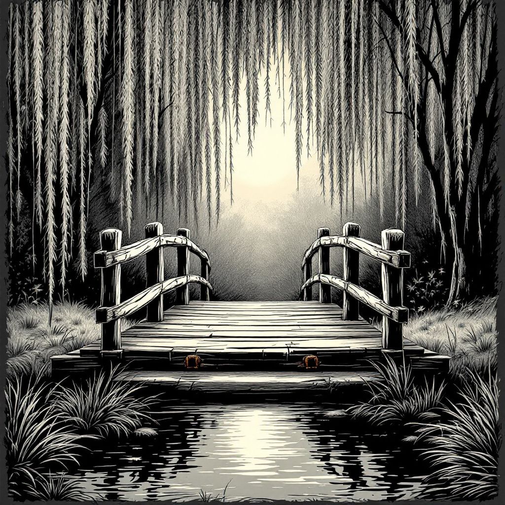 Folk AI Album Cover — An evocative hand-drawn sketch of an old footbridge over a willow-lined brook, monochrome palette, dramatic contrasts, minimalist style, deep shadows, intimate and contemplative atmosphere, 8k resolution