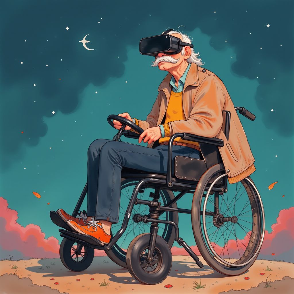 Indie AI Album Cover — A surreal album cover featuring an elderly man in a wheelchair with a white mustache, wearing a VR headset and gripping a steering wheel; minimalist background with negative space, vibrant accents, ethereal lighting, dreamy and thought-provoking aesthetic, 8k resolution, highly detailed