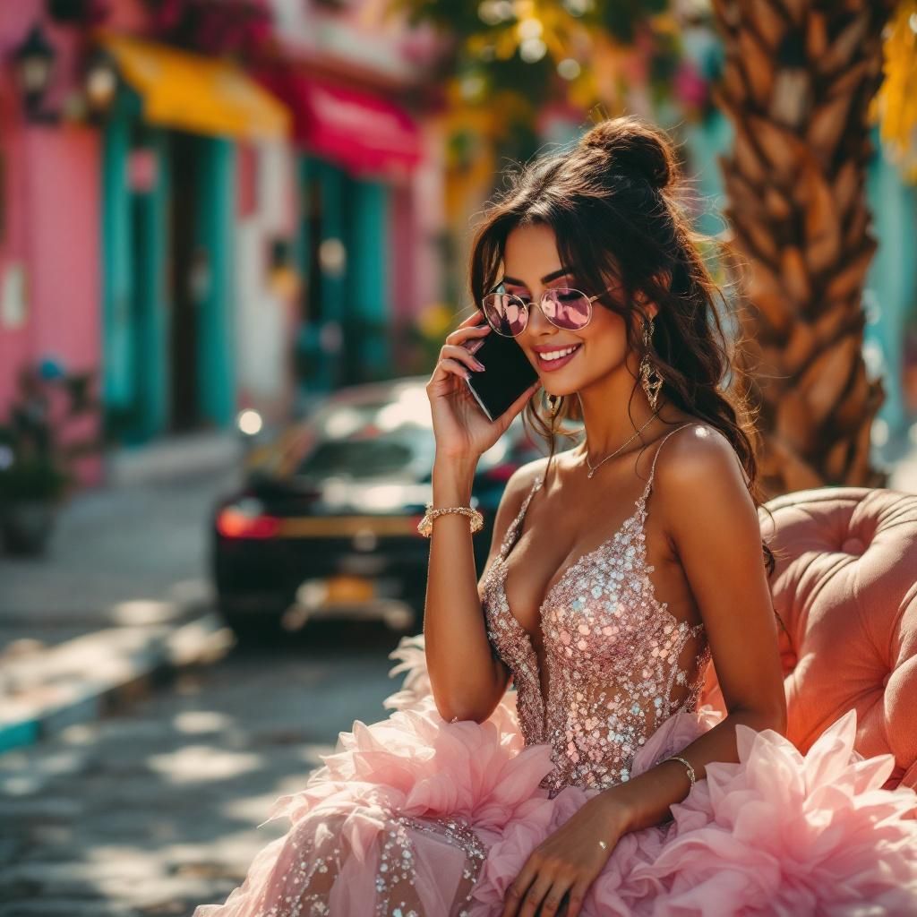 Latin AI Album Cover — A vibrant Latin music cover featuring a stylish lady in a glamorous dress, taking a phone call beside a TRX and a Trackhawk; sunny urban setting, cinematic lighting, soft focus, pastel colors, highly detailed, lively atmosphere, capturing the essence of gossip and excitement, 8k resolution