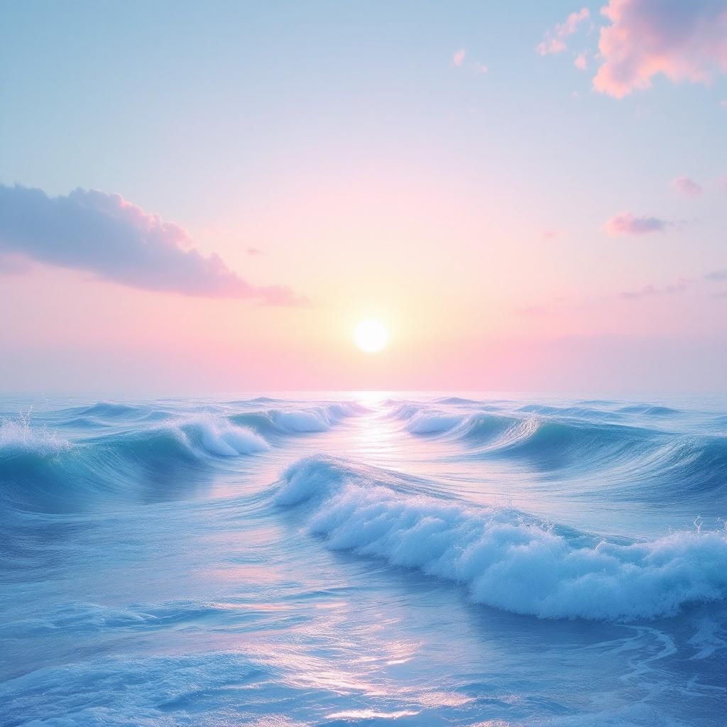 Meditation AI Album Cover — A serene landscape depicting two oceans meeting at sunrise, soft waves and gentle reflections; surreal and ethereal style, pastel color palette with blues and soft pinks, calming and meditative atmosphere, photorealistic and highly detailed, 8k resolution