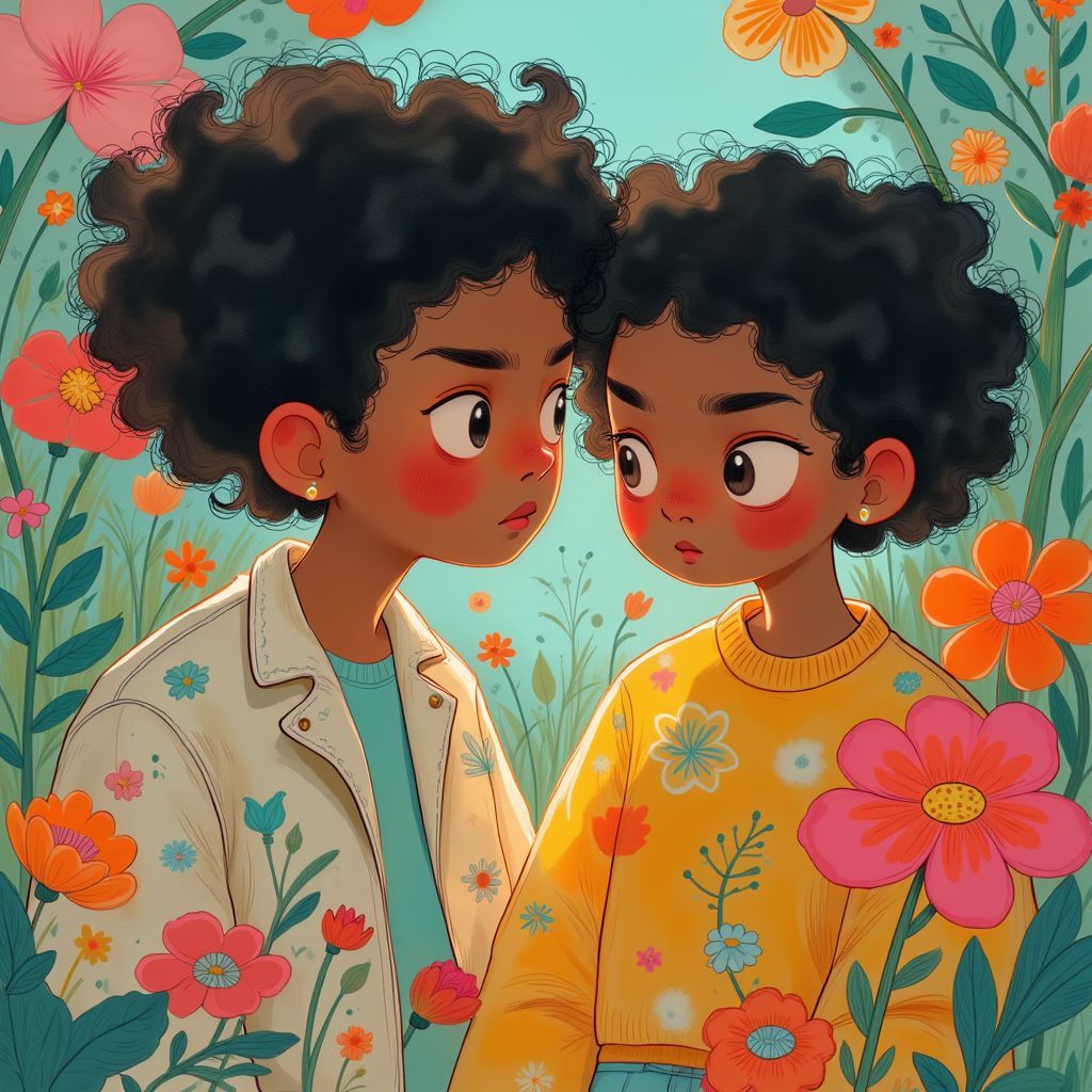 Afrobeat AI Album Cover — A whimsical illustration of a boy named JB looking thoughtfully at a girl with a playful smile, surrounded by vibrant afrobeat-themed colors, surreal patterns forming around them, dreamy lighting, highly detailed textures, 8k resolution, capturing the tormented emotions of love, ethereal atmosphere
