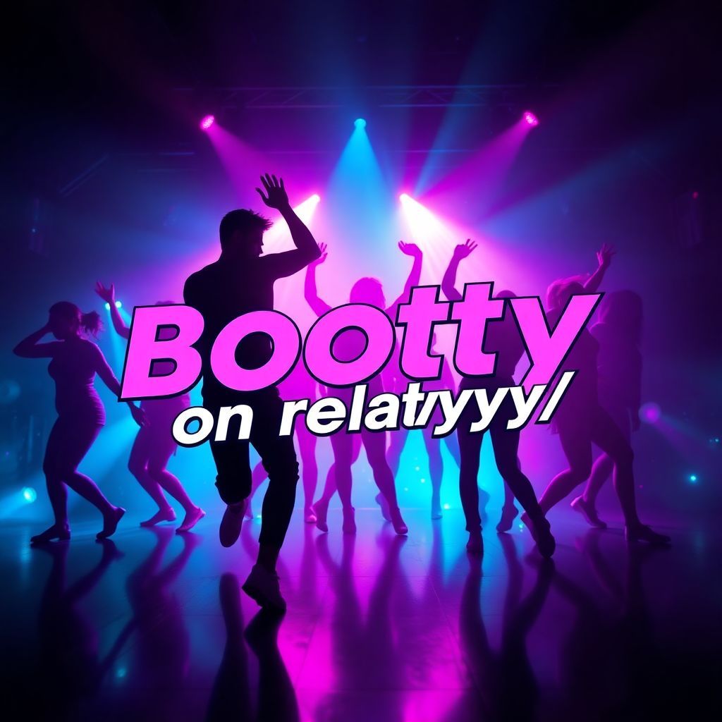 Dance AI Album Cover — A vibrant dance music album cover featuring energetic silhouettes of dancers in motion, colored neon lights swirling around; the title "Booty on replayyyy" integrated seamlessly in a bold, dynamic font; high contrast colors such as electric pinks and blues, creating an electrifying atmosphere; highly detailed, capturing the essence of celebration and nightlife, 8k resolution, upbeat and lively.