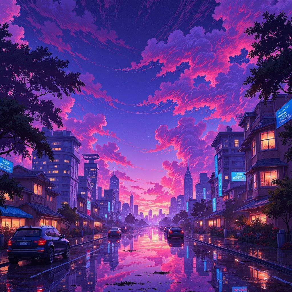 House AI Album Cover — A vibrant house music album cover featuring a surreal cityscape at dusk, with neon-lit buildings reflecting on water; dreamy colors of purple, blue, and pink creating an ethereal atmosphere, intricate details, ultra-realistic; capturing a sense of nightlife and energy, 8K resolution