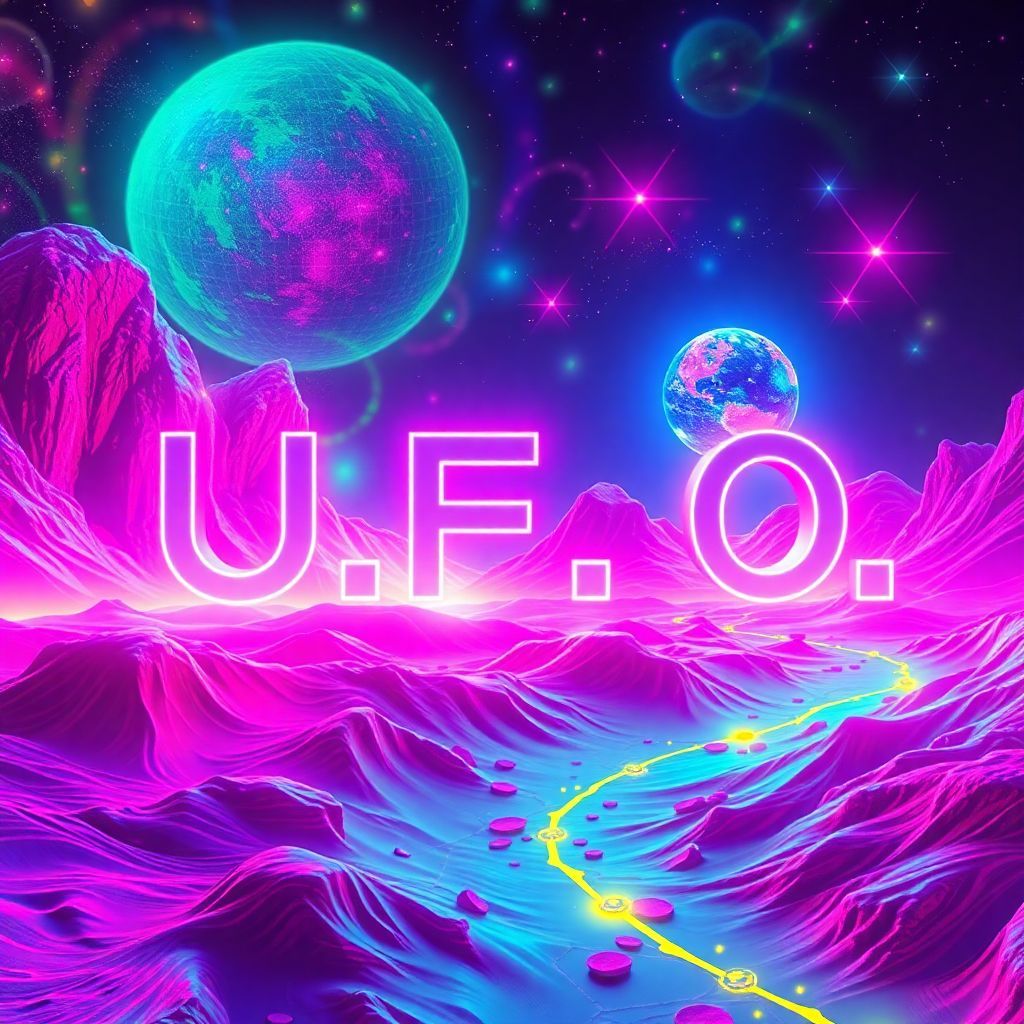Techno AI Album Cover — A vibrant, psychedelic music album cover for the techno track 'U.F.O.' featuring a surreal alien landscape with neon colors; the title 'U.F.O.' in bold, futuristic typography seamlessly integrated into the composition; dynamic lighting with glowing elements and swirling stars, 8k resolution, highly detailed, ethereal atmosphere