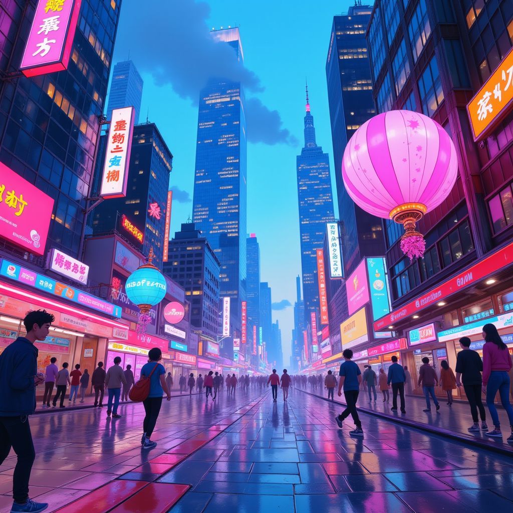 Techno AI Album Cover — A vibrant, surreal illustration of a bustling cityscape animated with neon lights and flowing currents; figures in motion echoing the rhythm of techno beats, high contrast, ethereal colors like electric blue and hot pink, highly detailed, 8k resolution, capturing the essence of movement and flow through vibrant energy;
