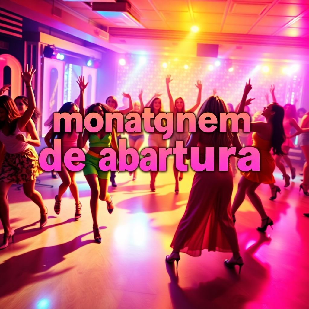 Funk AI Album Cover — A vibrant funk album cover featuring a lively dance scene with women in colorful outfits moving energetically; the title 'montagem de abertura' integrated into the background in bold, playful typography; warm neon colors like pink, orange, and yellow; a dynamic and festive atmosphere, 8k resolution, highly detailed, capturing joy and movement