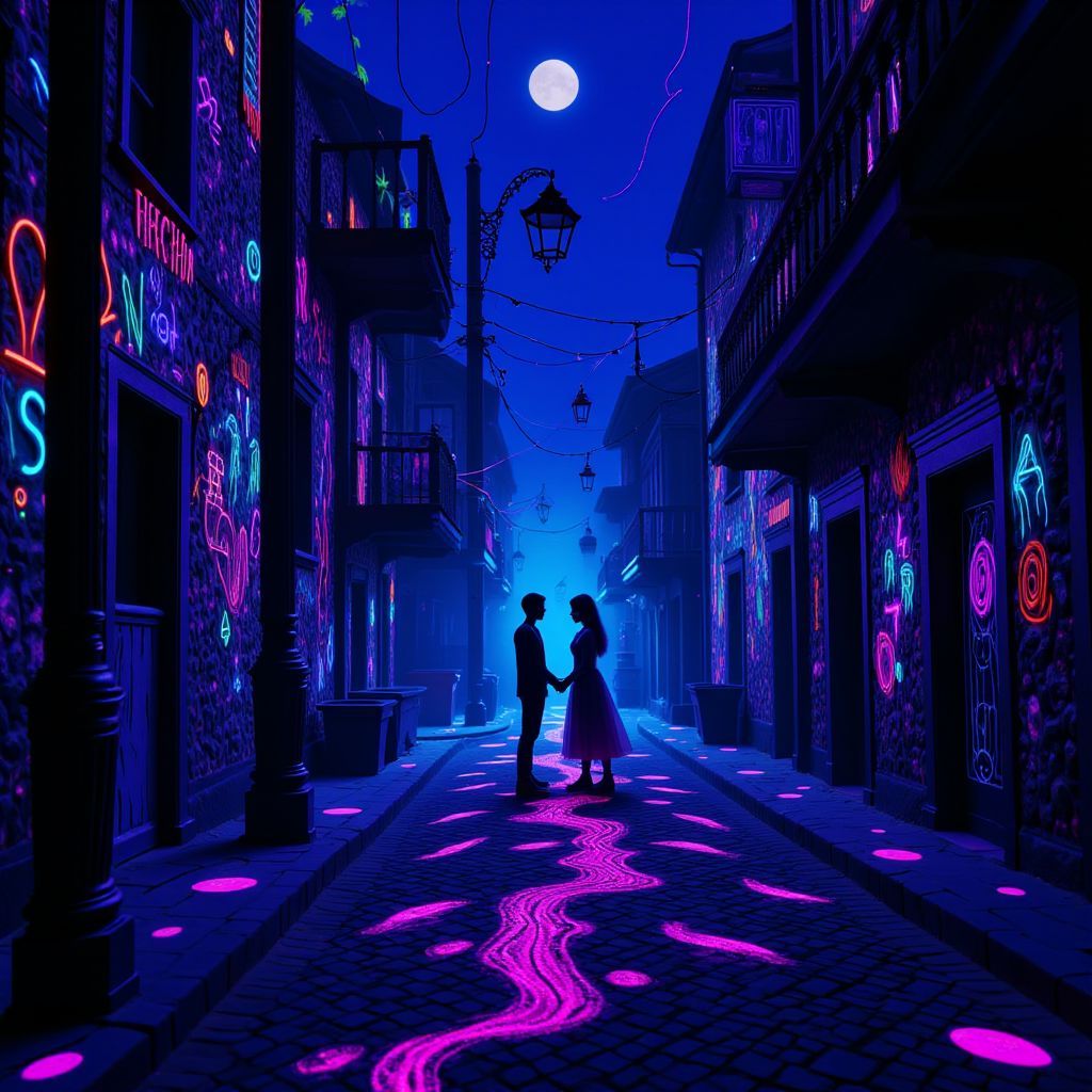 Alternative AI Album Cover — A surreal illustration for 'Fiction of Love', featuring a hollow street under dim streetlights with abstract shadows of a couple fading; psychedelic colors of blue and purple with glowing accents, moody atmosphere, ethereal lighting, highly detailed, 8k resolution.