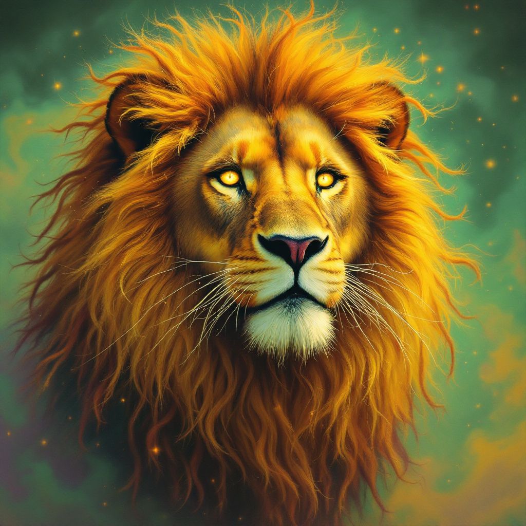 Reggae AI Album Cover — A vibrant reggae album cover featuring a Rastafarian lion, psychedelic art style, bold colors like green, yellow, and red, surreal lighting with a sunlit aura, highly detailed, 8k resolution, sharp focus.
