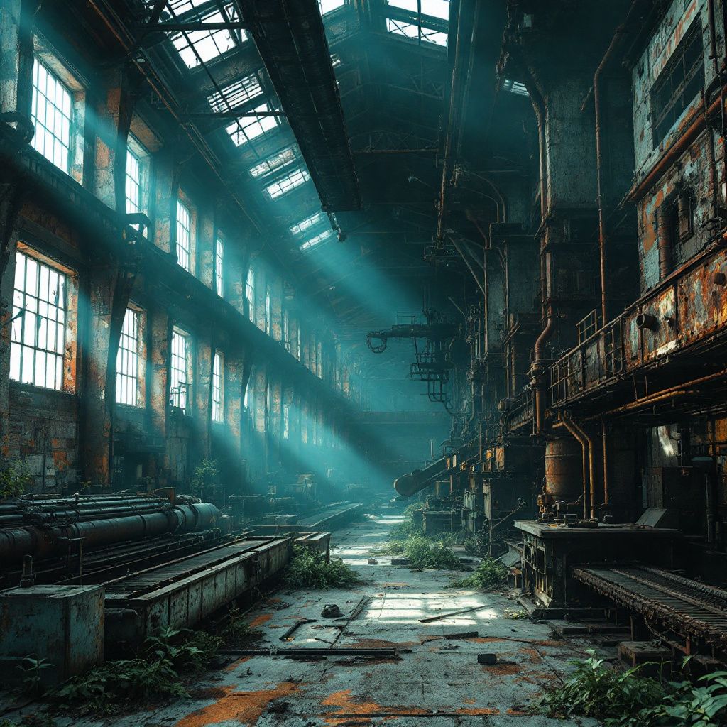 Grunge AI Album Cover — An old, abandoned factory interior, beams of light through shattered windows, grunge realism, rusty and dusty textures, cool cyan tones, photorealistic detail, 8k resolution