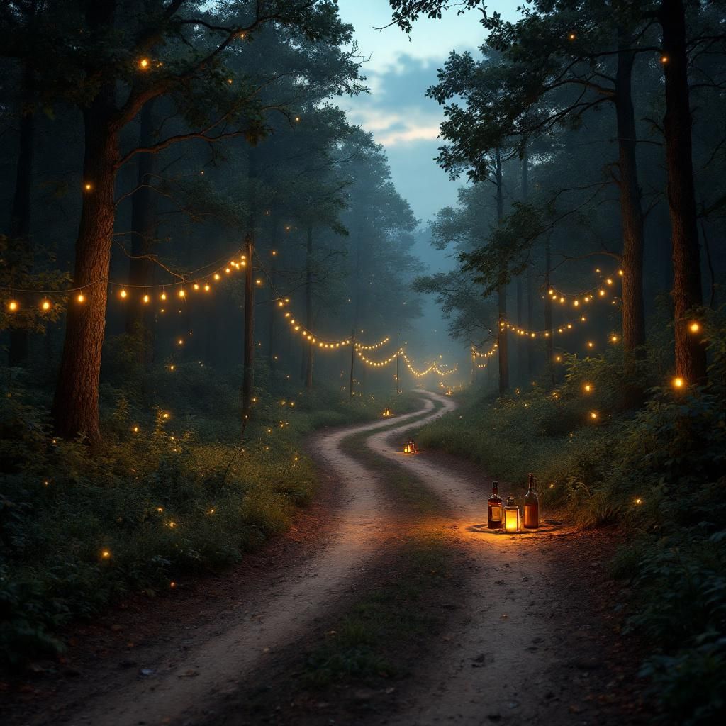 Country AI Album Cover — A serene dirt road winding through a lush forest at twilight, silhouettes of fireflies and soft glowing lights, a vintage picnic setup with whiskey bottles; rustic and warm color palette, moody lighting, photorealistic, capturing the essence of carefree summer nights