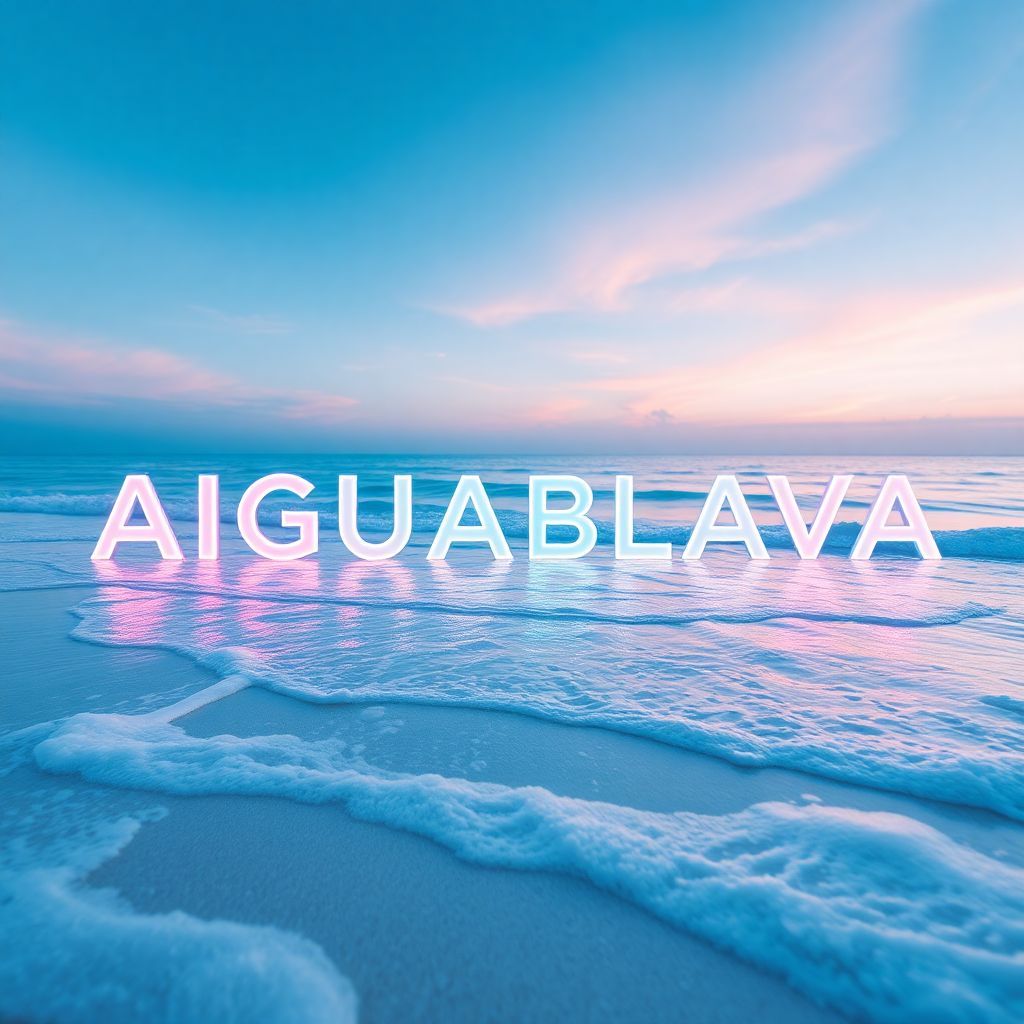 Electronic AI Album Cover — A surreal electronic music album cover featuring the title "AIGUABLAVA BEACH" integrated into a dreamy beach scene; soft waves blending with abstract digital elements; pastel blue and pink hues create a tranquil atmosphere; ethereal lighting with soft focus, highly detailed, 8k resolution.