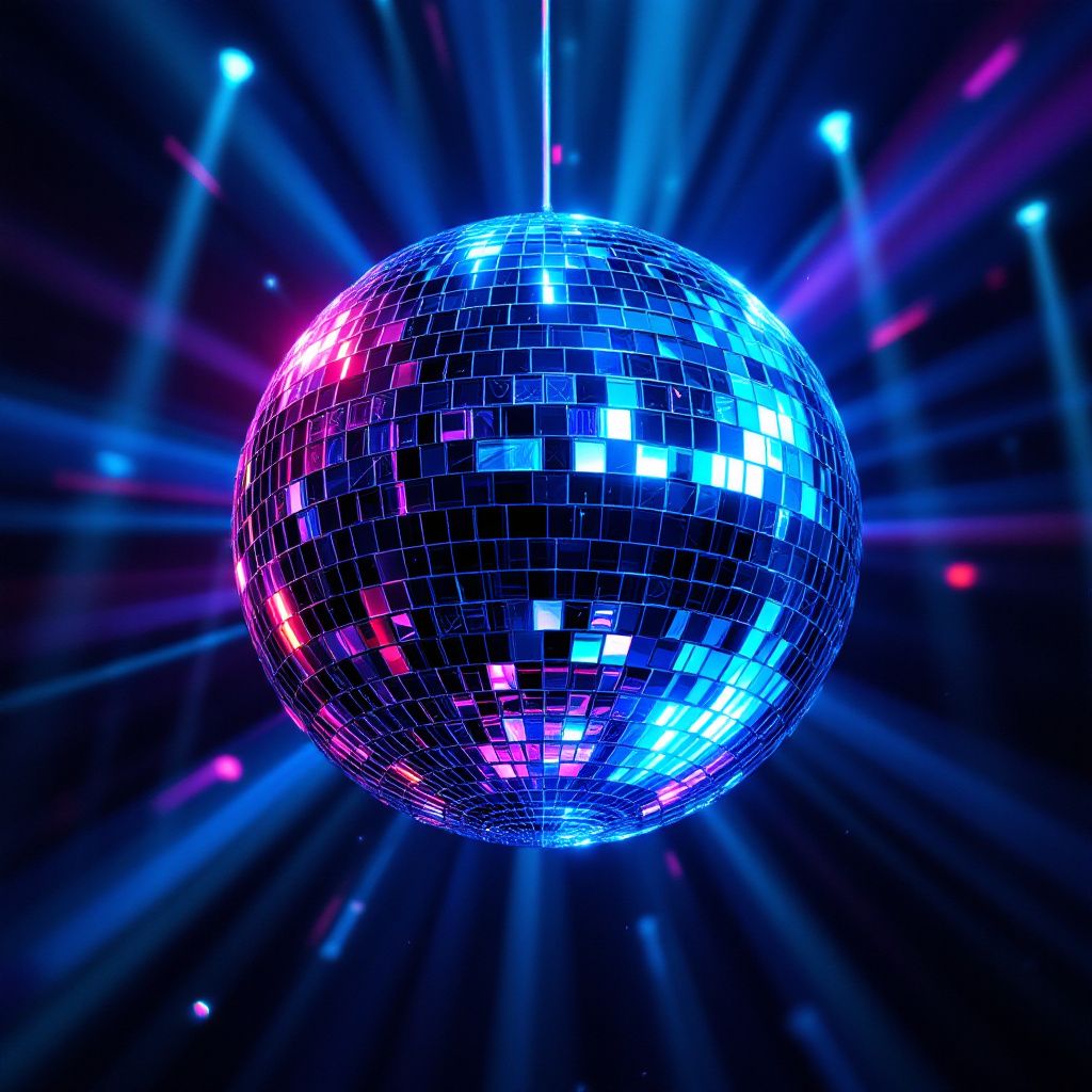 Disco AI Album Cover — a vibrant disco ball casting rainbow reflections, psychedelic style, close-up perspective, dynamic lighting, electric blues and purples, highly detailed, swirling patterns, cinematic vibe, 8k resolution