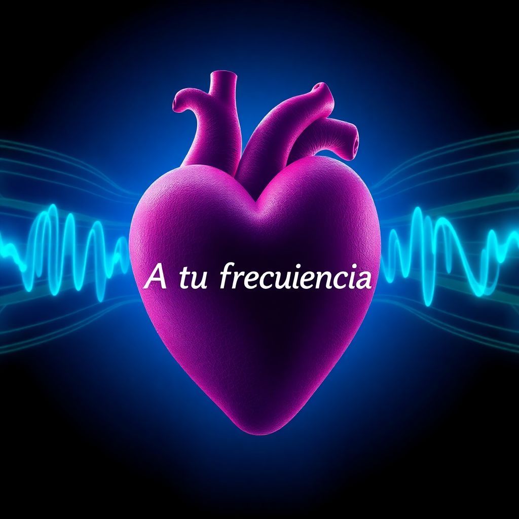 Latin AI Album Cover — A conceptual album cover featuring a heart radiating sound waves in vibrant blue and green tones, with the title "A Tu Frecuencia" flowing within the waves; modern, abstract style, 8K resolution, cinematic lighting, emotional and poetic atmosphere, highly detailed, incorporates imagery of breath and connection.