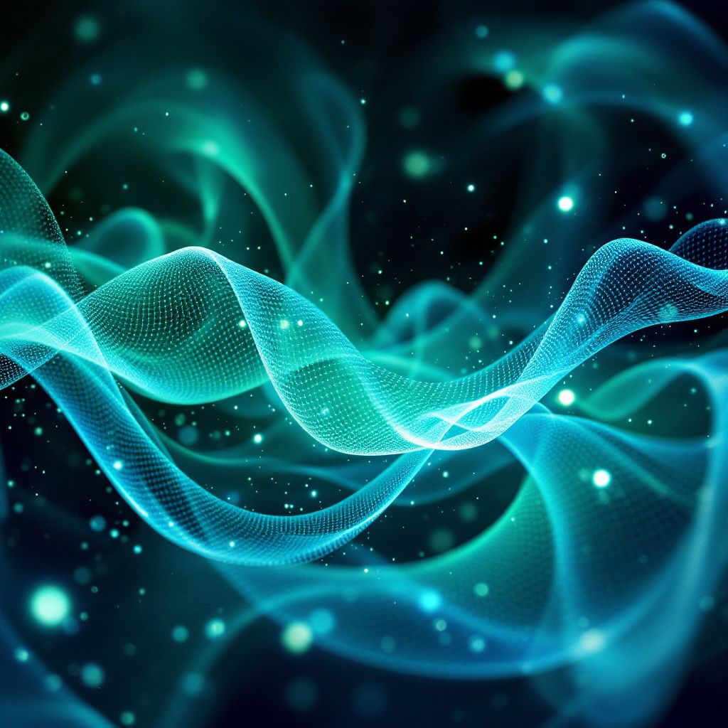 Funk AI Album Cover — An abstract representation of sound waves, surreal style, fluid motion capture, vibrant greens and blues, high contrast, extremely detailed, masterpiece finish