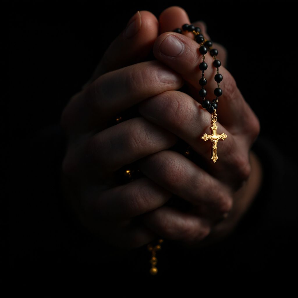 Gospel AI Album Cover — Close-up of praying hands with rosary, chiaroscuro lighting effect, dramatic yet peaceful, monochrome with gold accents, highly detailed and sharp focus, professional quality