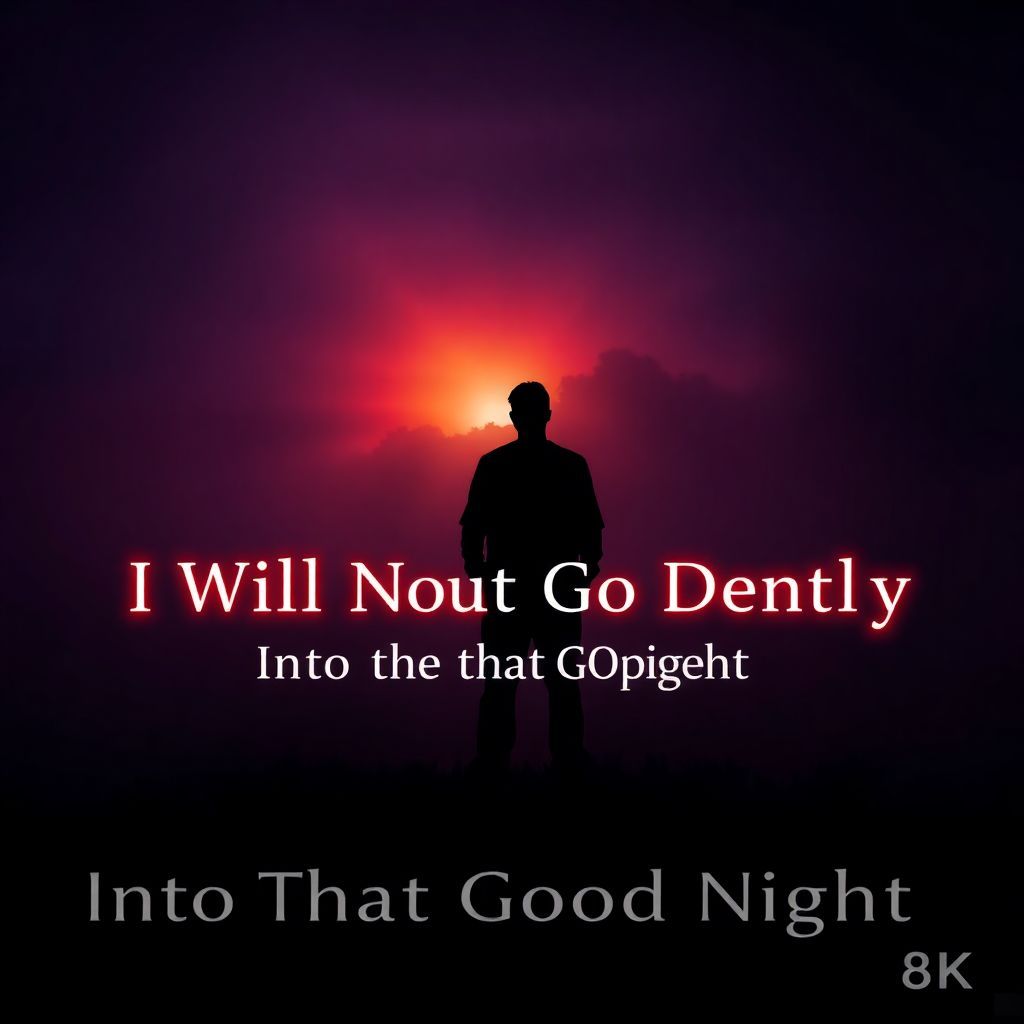 Gospel AI Album Cover — A powerful gospel music cover featuring a figure standing resolute in a dark foggy landscape, with rays of dawn breaking through; the title "I Will Not Go Gentle Into That Good Night" integrated into the scene with luminous lettering, moody atmosphere, vibrant orange and purple color palette, highly detailed, 8k resolution