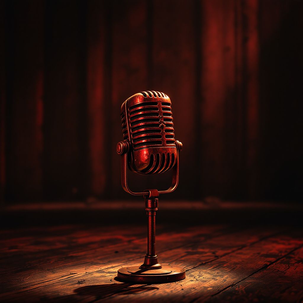 Grunge AI Album Cover — A rusty old microphone on a wooden stage, grunge style, dark and moody atmosphere, sepia tones with splashes of deep red, cinematic lighting, highly detailed texture, 8k resolution, professional