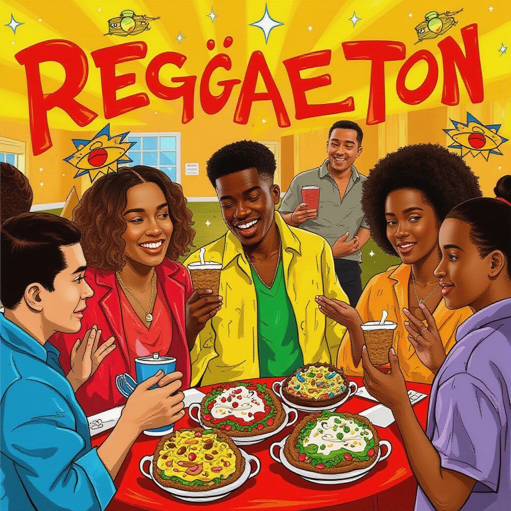 Reggaeton AI Album Cover — A vibrant album cover blending photo and illustration elements, featuring a lively reggaeton dance party with colorful dips and food; hand-drawn characters enjoying themselves, warm, inviting lighting; rich hues of yellow and red, highly detailed and energetic, creating a festive atmosphere, 8k resolution.