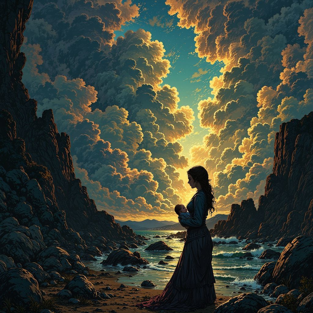 Alternative AI Album Cover — A surreal illustration depicting a woman standing in a barren landscape, with ethereal smoke swirling around her; vibrant colors of deep reds and earthy tones, dark clouds overhead, fine details in her expression reflecting resilience and sorrow, cinematic lighting creating a moody atmosphere, 8k resolution, highly detailed artistry.