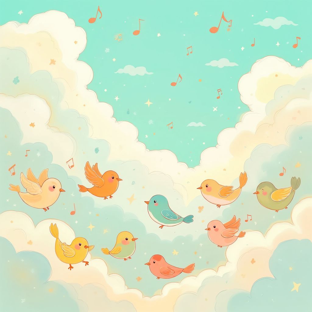 Soundtrack AI Album Cover — A whimsical illustration featuring a group of playful, colorful birds singing together among large, floating musical notes in a dreamy sky filled with soft clouds; vibrant pastel colors, ethereal atmosphere, highly detailed, high quality, enchanting and uplifting feel